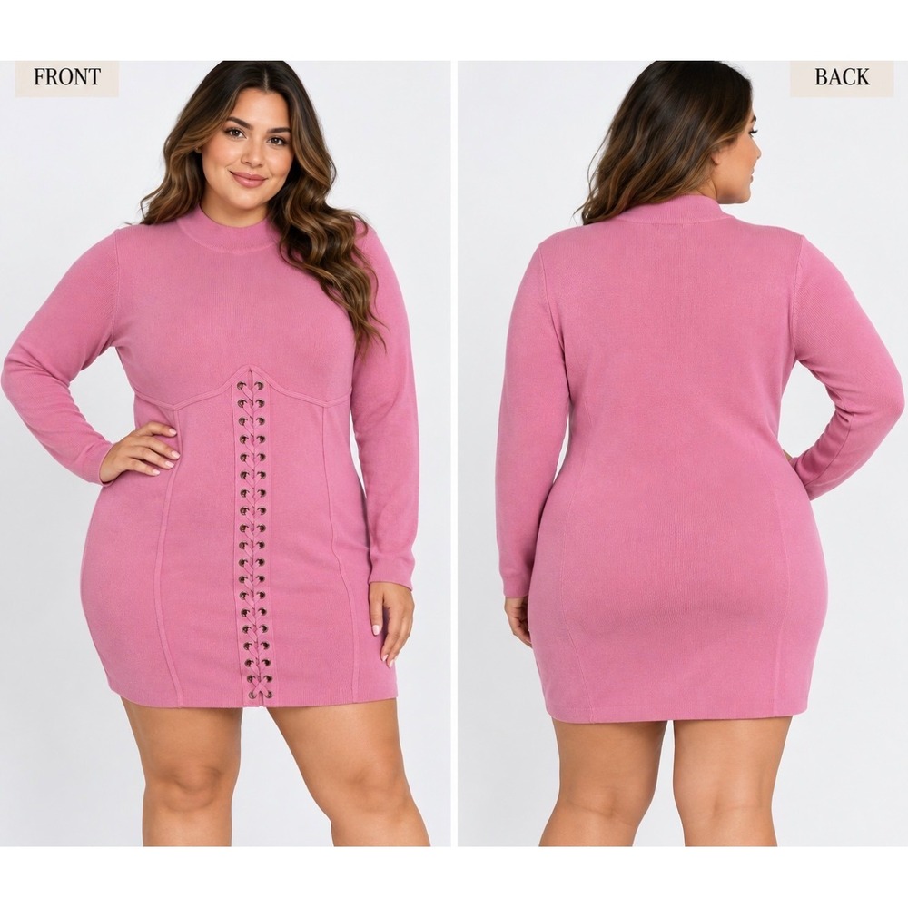 Fashion Nova Pink Lace Up Corset Ribbed Mini Dress Long Sleeve 3XL